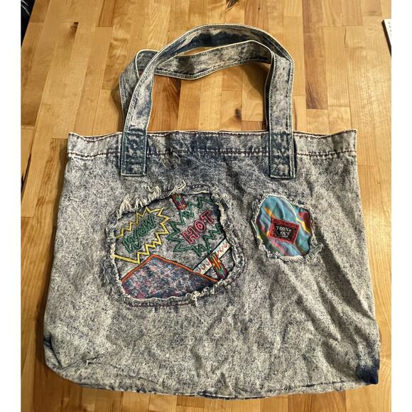 Torn Out Denim Jean Purse Stonewashed Tote Bag Vintage 80s 90s - Picture 1 of 9